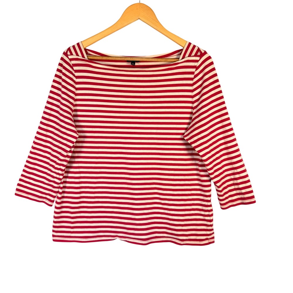 Talbots Magenta White Striped Boatneck 3/4 Sleeve Knit Top XL Nautical Classic